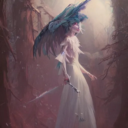 Image similar to painting of a pale witch dressed with feathers, illustration, artistic, colorful, hyper detailed, in the style of Greg Rutkowski,