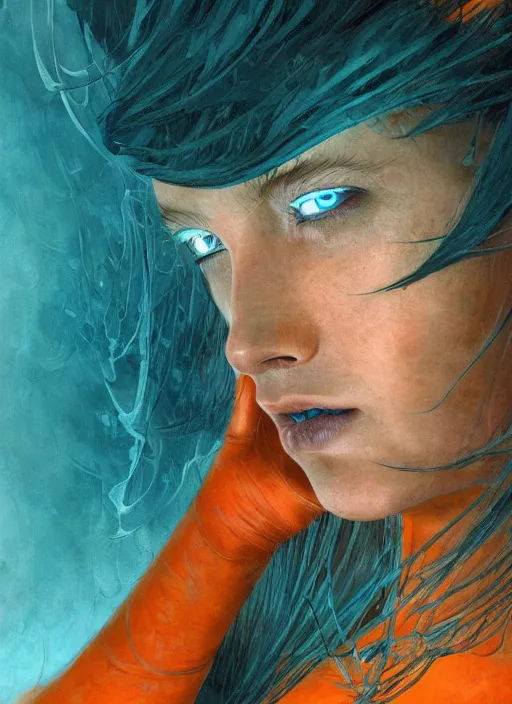 Prompt: ( ( symmetry ) ) closeup portrait of a stunning cyborg girl crying in tears, jumpsuit angular armor, strong cinematic light, teal orange, viscous volumetric smoke, mist, by gerald brom, by mikhail vrubel, by peter elson, muted colors, extreme detail, trending on artstation, 8 k