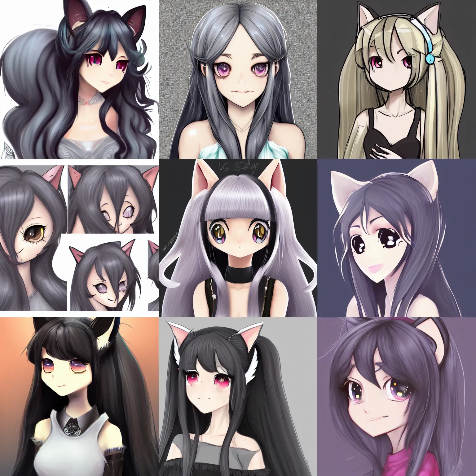 Prompt: 3/4 headshot of young female teen, Vtuber, cute, fantasy, intricate, long hair, grey skin, cat ears, black hair, elegant, highly detailed, cartoony, artstation, concept art, smooth, sharp focus, illustration, art by Diives