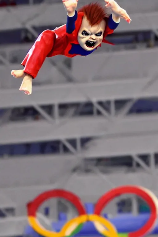 Image similar to screaming chucky doll performing a perfect 1 0 dive at olympics