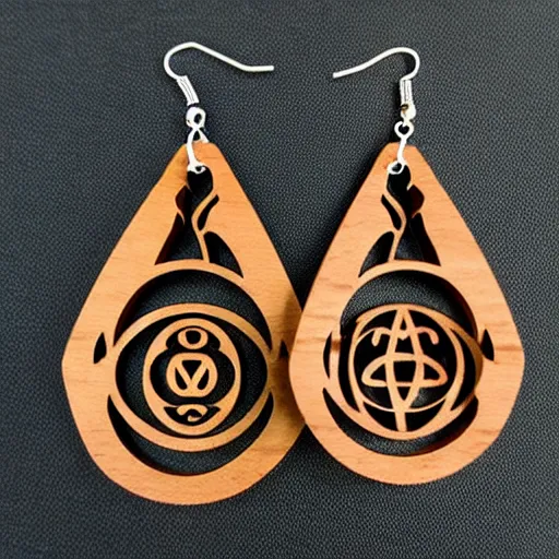 Image similar to 2 d wood lasercut earrings, mystical symbols, 8 k, hd, trending on amazon on artstation, trending on deviantart, trending on etsy, epic digital art