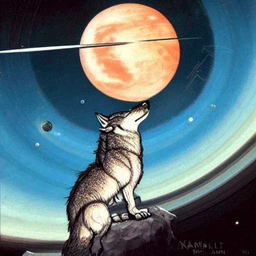 Image similar to a close up of a wolf howling at the night sky with the planet Saturn, dark Sci Fi, stylized, painting by Norman Rockwell, trending on artstation