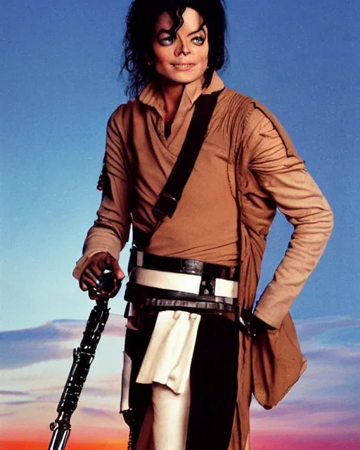 Prompt: michael jackson, as luke skywalker, with his landspeeder, beautiful tatooine desert at sunset, michael jackson is 1 6 years old and normal looking and handsome, not wearing any makeup