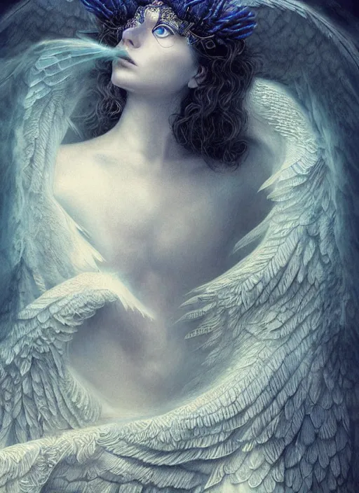 Prompt: Her huge ominous glowing blue eyes staring into my soul , perfect eyes, soft pale white skin, intricate stunning highly detailed, agostino arrivabene, artgerm, twisted dark lucid dream, 8k portrait render, raven angel wings, swirling thick smoke , beautiful lighting, dark fantasy art, cgsociety