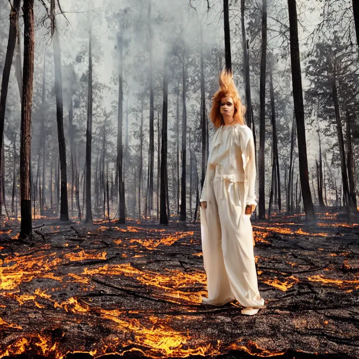 Prompt: a woman with a white standing in a burnt charred forest, golden hour, vogue magazine