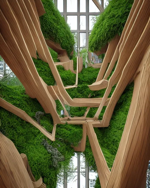 Prompt: urban atriums hyperdetailed hyperrealistic tree house, roots growing from bottom to ceiling, wooden modern decoration, staircases, tree branches instead of walls, cluttered with furniture and books, plants, moss, voronoi, frank gehry style, aurora borealis, unreal engine 5, octane render, organic shaped windows, volumetric lighting, photogrammetry, dezeen, vray, hyperrealism