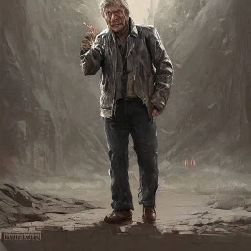 Prompt: a highly detailed epic cinematic concept art CG render digital painting artwork costume design: Harrison Ford, old scars, tired and drunk, in an old 1950s leather jacket. By Greg Rutkowski, Ilya Kuvshinov, WLOP, Stanley Artgerm Lau, Ruan Jia and Fenghua Zhong, trending on ArtStation, made in Maya, Blender and Photoshop, octane render, excellent composition, cinematic atmosphere, dynamic dramatic cinematic lighting, aesthetic, very inspirational, arthouse