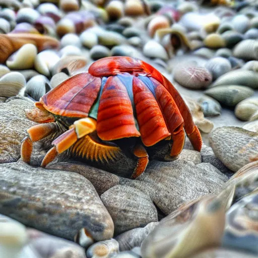 Prompt: hermit crab looking over shells realistic photography