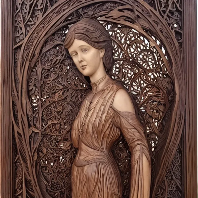 Image similar to a 3 d bas - relief wooden mahogany art nouveau carved sculpture of a young millie bobby brown or alicia vikander with long hair blowing in the wind, in front of a delicate tracery pattern, intricate and highly detailed, well - lit, ornate, realistic, polished with visible wood grain