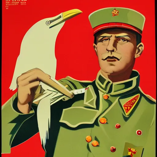 Image similar to soviet propaganda poster depicting a dromaius in military uniform