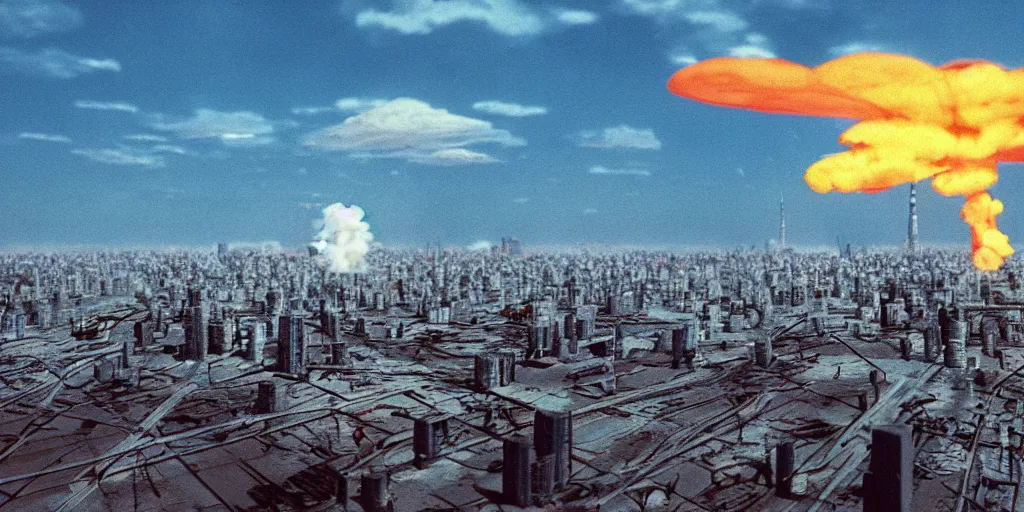 Prompt: a single mushroom cloud formed by an h - bomb explosion in the middle of tokyo, highly detailed, gulf war photography, from akira ( 1 9 8 8 ) style, popular on artstation, unreal engine, aerial photo, nvidia graphics,.