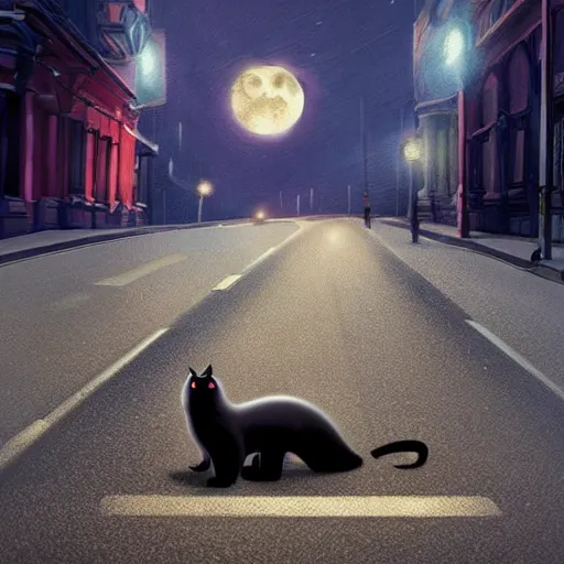 Image similar to black cat with big eyes in the middle of the street at mid night with the moon in the sky. Award winning. Unreal 5. Realistic. Highly detailed. Artstation. Professional photographer.