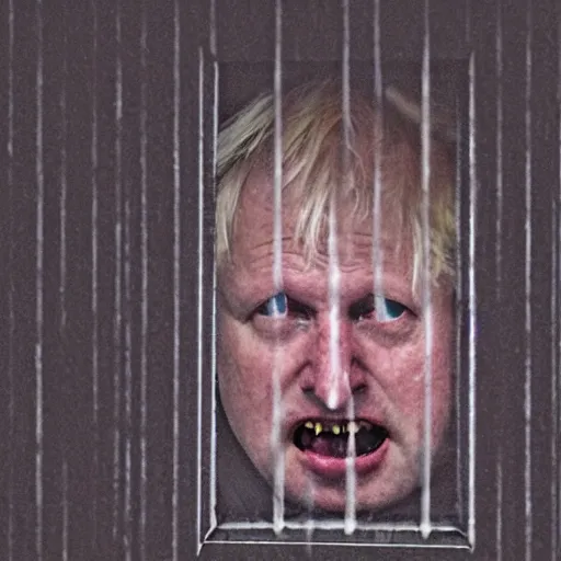 Image similar to photo of the inside of a dark old rainy bedroom window at night, dimly lit creepy | screaming face of boris johnson staring in through the window, bloody hands, horror, scary face, demonic face,