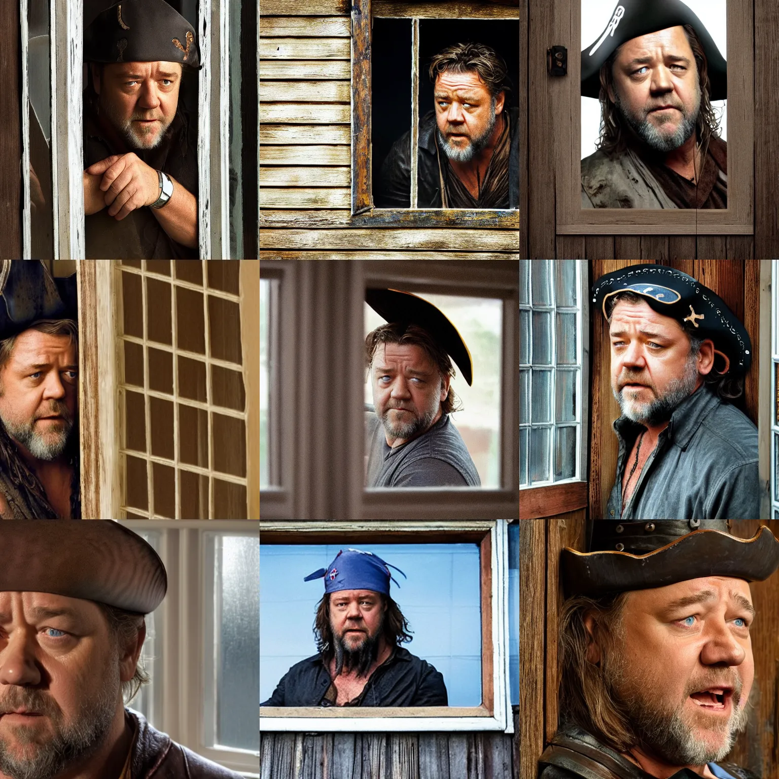 Prompt: russell crowe wearing a too wide silly pirate hat behind a dirty window and wooden wall staring out