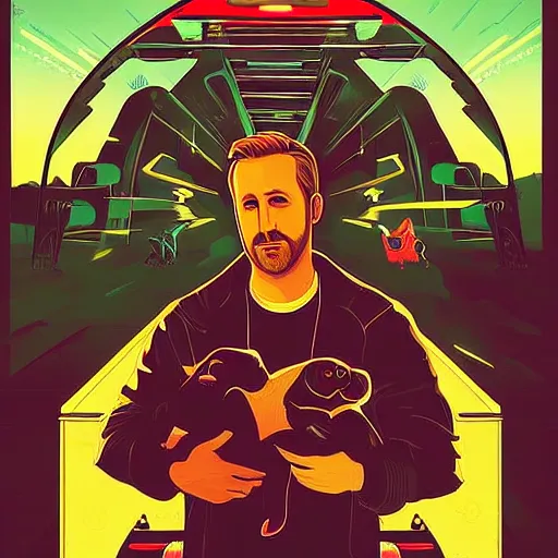 Image similar to a portrait of Ryan Gosling holding a cute caracal with thunders in the sky in a future cybernetic city, outrun style and colours, trending on arstation, by dan mumford, by ross tran