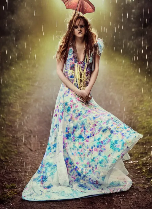 Image similar to Emma Watson for Victorian Secret, perfect face, hot summertime hippie in the rain, psychedelic Wedding Dress, full length shot, XF IQ4, 150MP, 50mm, f/1.4, ISO 200, 1/160s, natural light, Adobe Photoshop, Adobe Lightroom, DxO Photolab, Corel PaintShop Pro, rule of thirds, symmetrical balance, depth layering, polarizing filter, Sense of Depth, AI enhanced