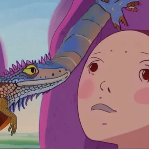 Image similar to beautiful illustration of a bearded dragon looking up lovingly at a young french woman with purple hair. animation frame from the studio ghibli film by miyazaki.