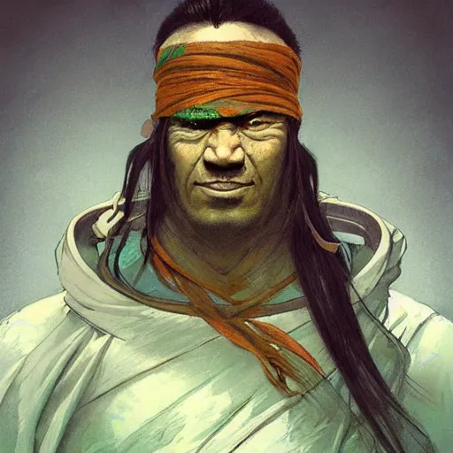 Image similar to “portrait of an orc monk (green skin) oracle wearing robes and a blindfold that covers his eyes, D&D character, highly detailed, digital fantasy character painted portrait, artstation, concept art, sharp focus, illustration, art by artgerm and greg rutkowski and alphonse mucha and craig mullins and James Jean and Andrei Riabovitchev and Marc Simonetti and peter mohrbacher”