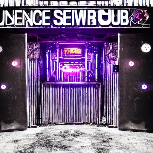 Prompt: entrance to underground rave club, secret, cyberpunk dance music, lights, ambiance