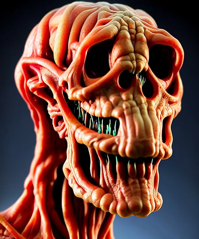 Image similar to hyperrealistic rendering, cronenberg flesh monster skeletor by art of skinner and richard corben and jeff easley, product photography, action figure, sofubi, studio lighting, colored gels