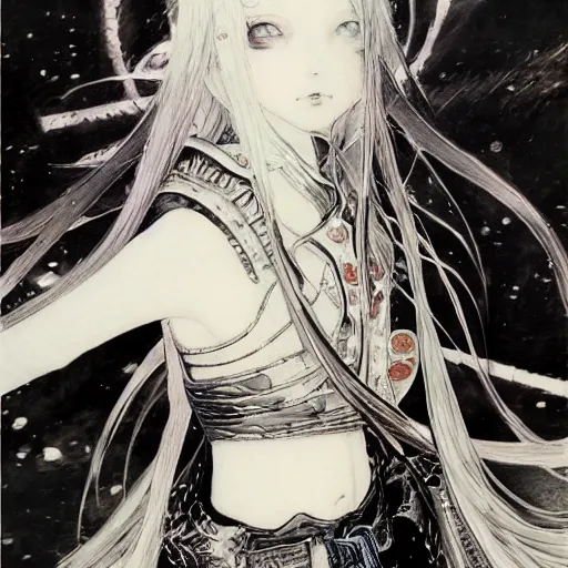 Image similar to yoshitaka amano blurred and dreamy illustration of an anime girl with pirate eye patch, wavy white hair and cracks on her face wearing elden ring armour with the cape fluttering in the wind, abstract black and white patterns on the background, noisy film grain effect, highly detailed, renaissance oil painting, weird portrait angle