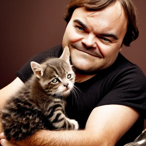 Image similar to jack black cuddling with kittens, hd