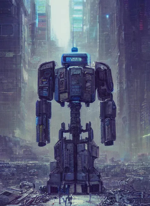 Image similar to a painting of a giant robot standing in front of a post apocalyptic city ruins, cyberpunk art by mike winkelmann, behance contest winner, nuclear art, dystopian art, apocalypse art, sci - fi