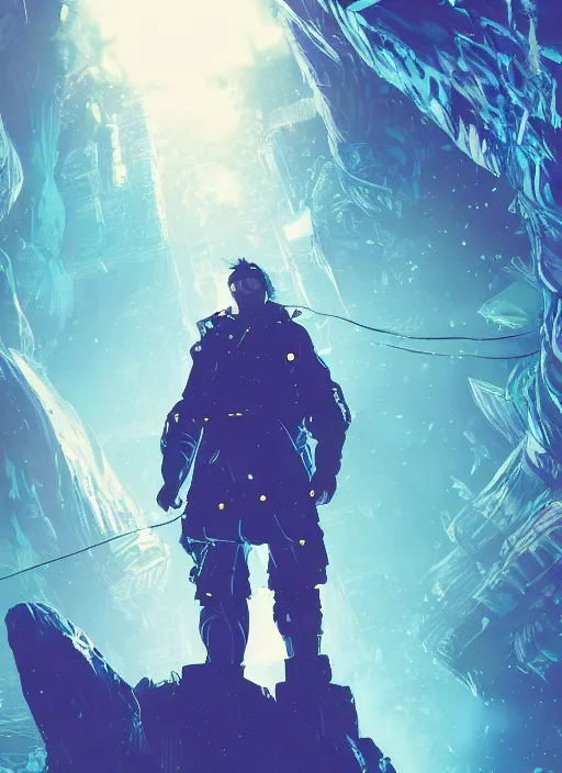 Prompt: comic book art of a [ man ] in trenchcoat with ( glowing ) [ gloves ] and [ boots ] in a [ jungle ] looking up at a [ tower ] extending into the sky made of crystalized glowing rock,, low angle, artstation illustration, elegant, cyberpunk, volumetric fog, arcane by tim doyle