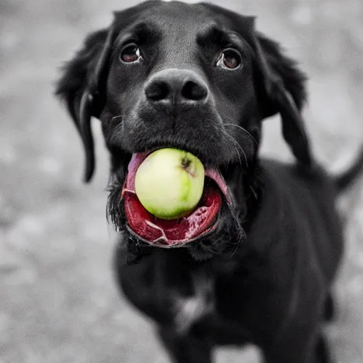 Prompt: a dog holding an apple in its mouth, 8 k, 4 k, professional photography, award winning photo