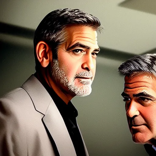 Prompt: a still of Brad Pit and George Clooney face to face. Neutral expression. Close up shot, detailed. Professional photography.