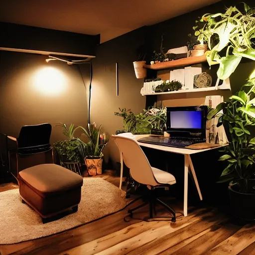 Image similar to a cozy HYGGE gaming station, dim lights, many plants, night