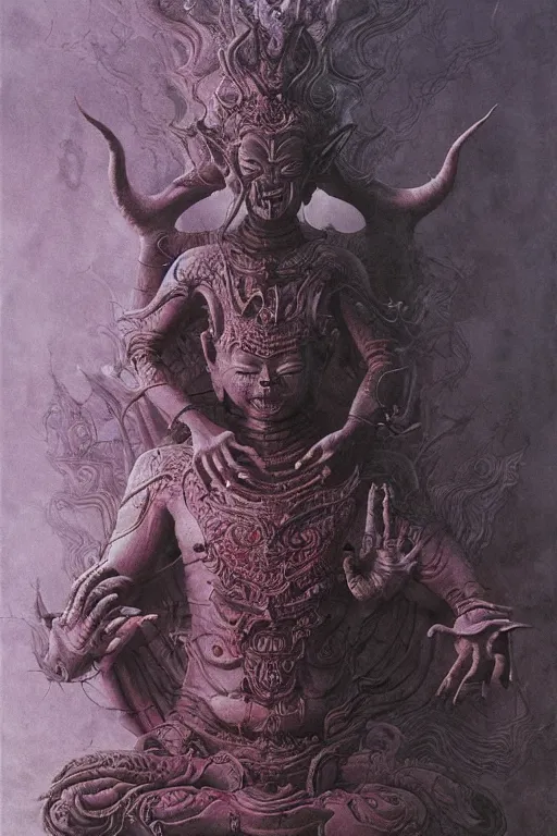 Prompt: Meditating Buddhist demon god, dark fantasy, intricate, highly detailed, smooth, artstation, painted by Wayne Barlowe, Greg Rutkowski, zdislav beksinski, Francis Bacon