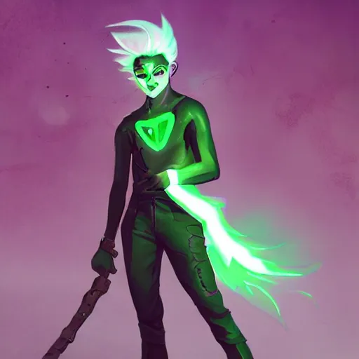 Image similar to Young Danny phantom with glowing green eyes and sharp teeth pointed fangs alt art fashion punk, art by WLOP and Charlie Bowater and WLOP and Mark Arian and Ross Tran + neon colors, symmetry,A digital matte intricate illustration concept art , intricate complexity, epic composition, magical atmosphere, highly detailed, cinematic lighting + masterpiece, trending on artstation + 8k