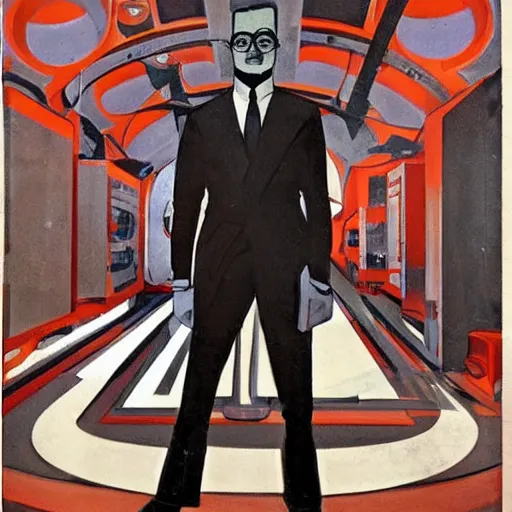 Prompt: man in futurist 6 0 ´ s lab, machines and futurist robots, red lights, leyendecker style, black suit, futurism
