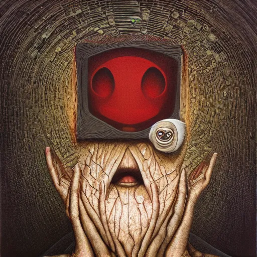 Prompt: anonymous by jacek yerka, alex gray, zdzisław beksiński, dariusz zawadzki, jeffrey smith and h.r. giger, oil on canvas, 8k highly professionally detailed, trending on artstation