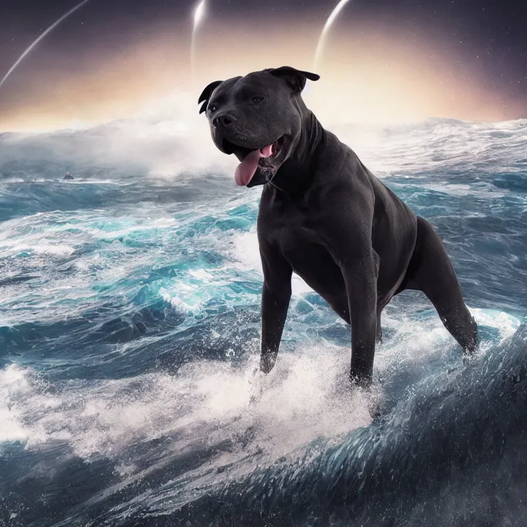 Prompt: photo of a dark charcoal coat pit bull with a white paws, surfing on a surfboard in a crashing wave of alien ocean in space, background is an alien galaxy, matte, aliens in the background, alien colors, octane render, unreal engine, wide view, 8 k, high detaild