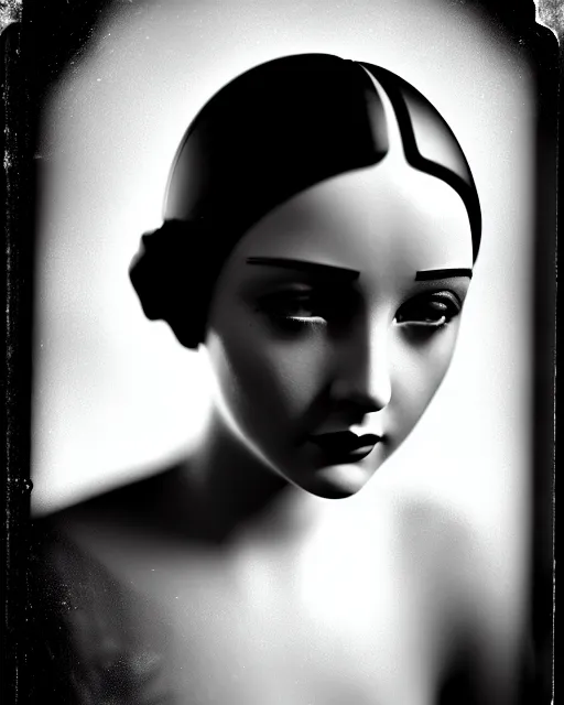 Prompt: tintype black and white dreamy young beautiful female artificial intelligence, metropolis, cinematic, rim light, bokeh, photo - realistic, elegant, high detail, 8 k, masterpiece, photo taken in 1 9 3 0