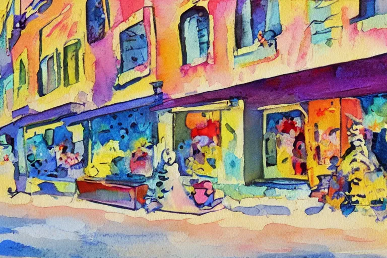 Prompt: watercolor artwork of sneakers shop, abstraction, kandinsky, art nouveau, trending on artstation