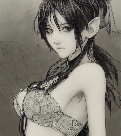 Image similar to portrait of anime elf girl wearing swimsuit, pen and ink, intricate line drawings, by craig mullins, ruan jia, kentaro miura, greg rutkowski, loundraw