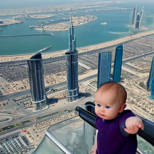 Image similar to hyper realistic baby standing at the top of burj khalifa and the background is the view of the sea photography