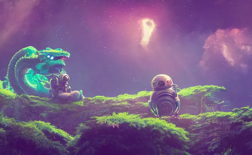 Image similar to a still of a cute adorable tiny astronaut, on a planet of lush foliage, with an enormous kaiju dragon surrounding, magical forest, sharp focus, neon backlit, highly detailed, disney pixar studio ghibli makoto shinkai, digital painting, matte, octane render, global illumination, iridescent, anime, 8 k