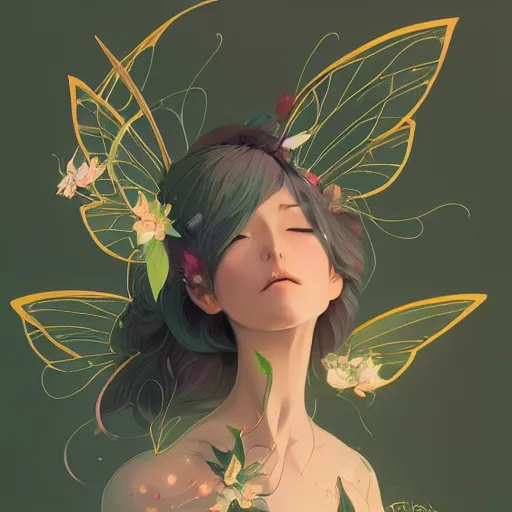 Prompt: an earth pixie fairy with leaf wings, elegant, highly detailed, digital painting, artstation, concept art, sharp focus, illustration, strong brush stroke, anime, sharp focus, ghibli studio, art by ilya kuvshinov, rossdraws