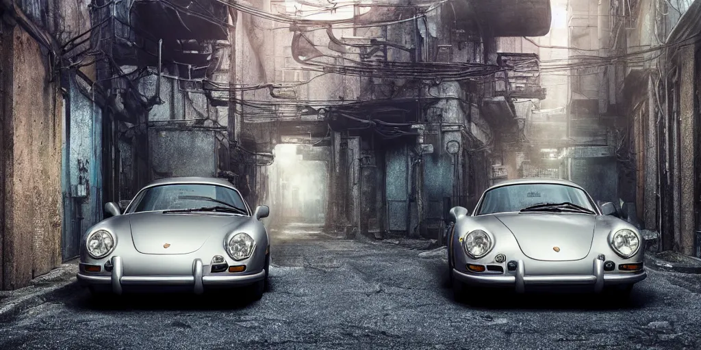 Image similar to a wholesome animation key shot of a focused old silver Porsche car parked in an abandoned alleyway, medium shot, waist up, studio Ghibli, Pixar and Disney animation, sharp, very detailed, high resolution, Rendered in Unreal Engine 5, anime key art by Greg Rutkowski, Bloom, dramatic lighting