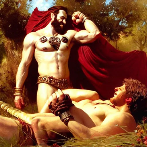 Image similar to ares the god of war tickles achilles the champion on a feather bed in a meadow, dionysus drinks wine in the background she is smirking, painting by gaston bussiere, craig mullins, j. c. leyendecker, tom of finland