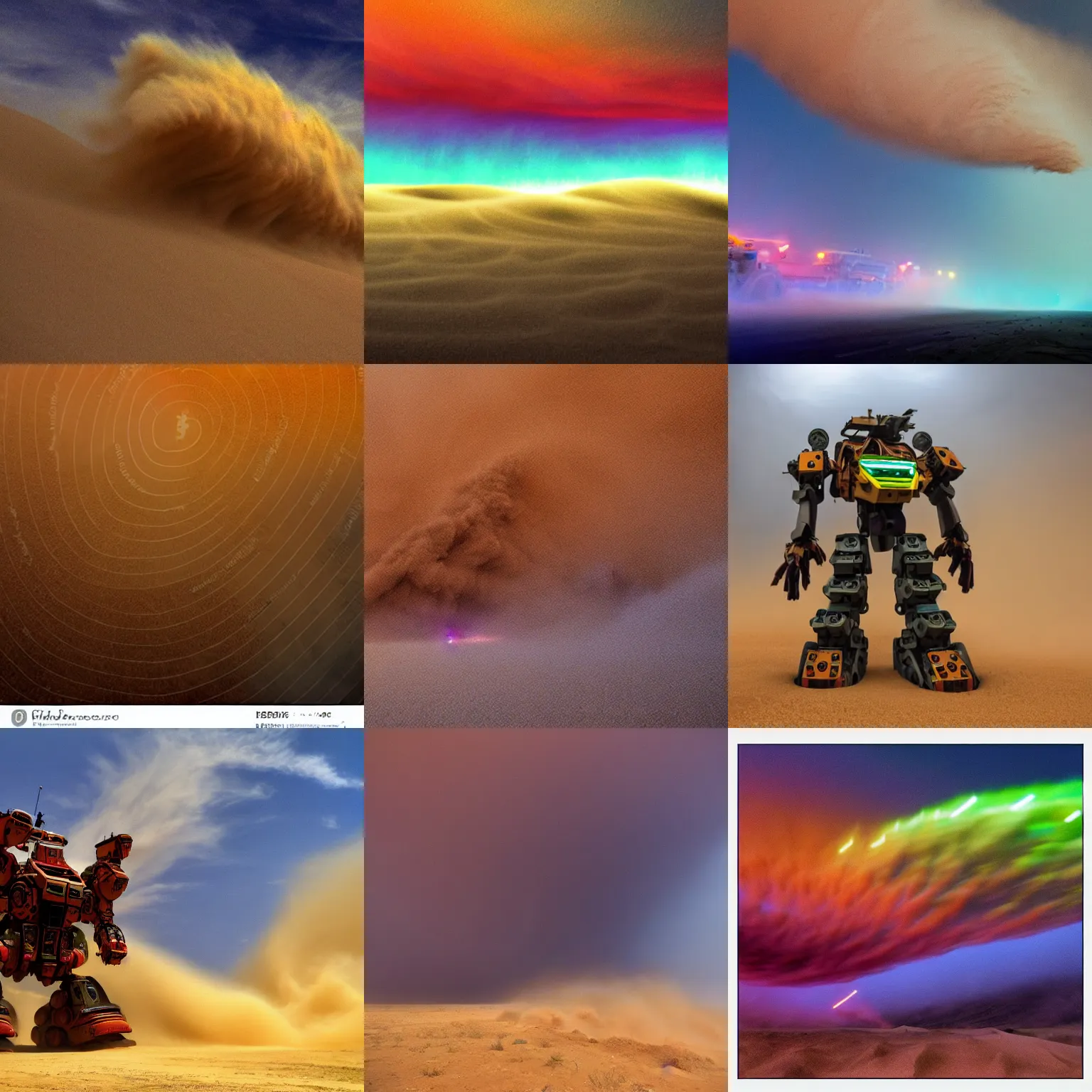 Prompt: heavy thick colorful sandstorm swirling, almost covering a mega mech,