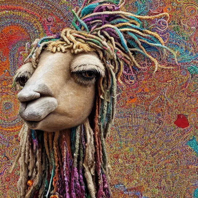 Image similar to llama with dreadlocks, detailed, by ernst haeckel, james jean, el anatsui, mandy jurgens