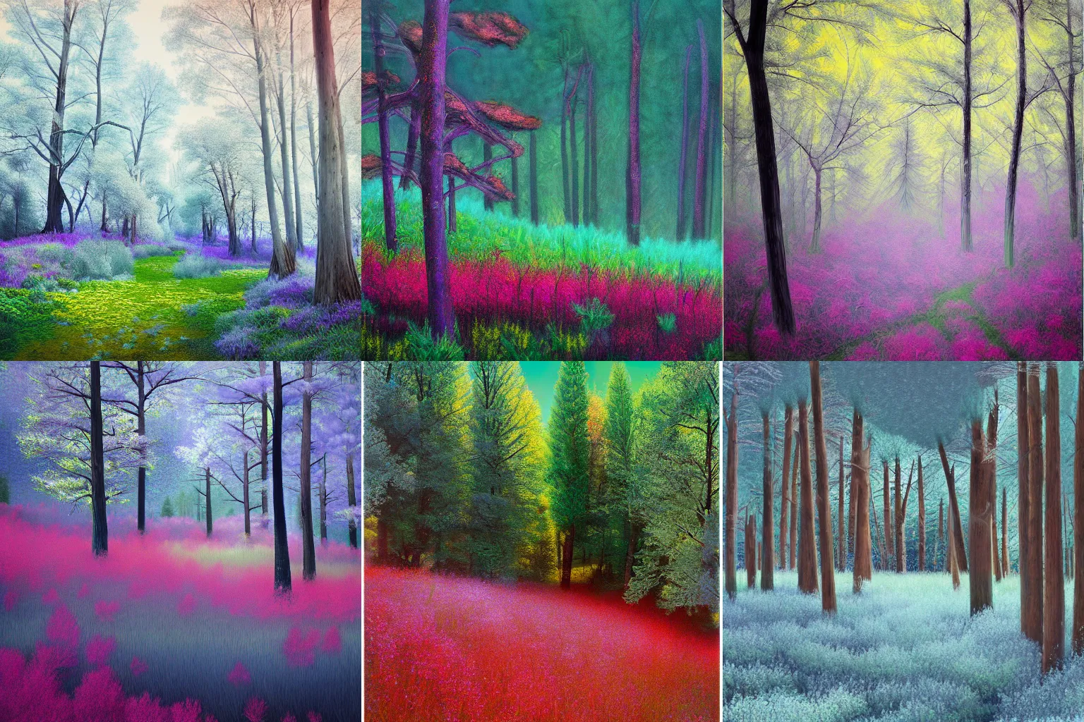 Prompt: A flowery meadow at the edge of a dense pine forest, infrared photography, oil painting