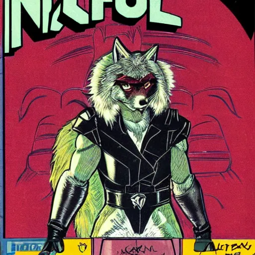 Image similar to 1 9 8 0 s comic book cover scan featuring a portrait of villain male wolf o'donnell anthropomorphic wolf furry fursona from starfox wearing a dark leather space mercenary uniform, fluffy eyebrows, dark grey wolf, wolf o'donnell, magazine scan, 1 9 8 0 s artwork scan