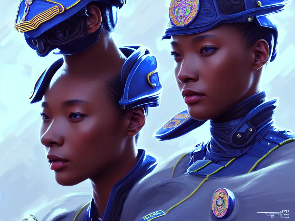 Prompt: portrait futuristic south africa police uniform female, at future neon light rooftop, ssci - fi and fantasy, intricate and very very beautiful and elegant, highly detailed, digital painting, artstation, concept art, smooth and sharp focus, illustration, art by tan zi and ayanamikodon and alphonse mucha and wlop