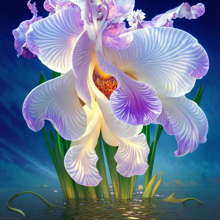 Image similar to detailed giant white holographic orchid iris hybrid flower surrounded by ocean waves, lsd water, lsd ripples, droplets, backlit, sunset, refracted lighting, art by collier, albert aublet, krenz cushart, artem demura, alphonse mucha